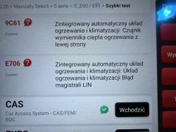 Ekran diagnostyczny samochodu z błędami 9C61 i E706 dotyczącymi układu ogrzewania i klimatyzacji.