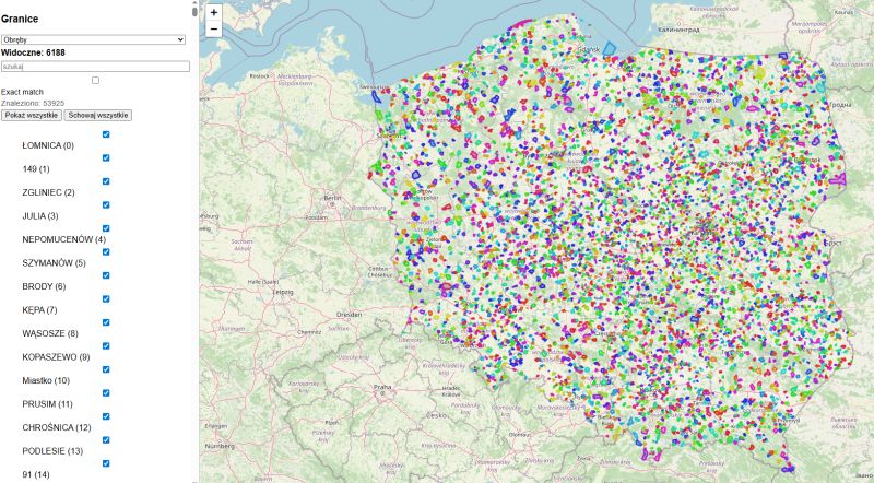 Map of Poland with colorful boundary polygons and a control panel on the left