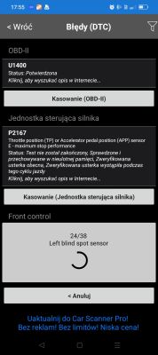 Zrzut ekranu z aplikacji diagnostycznej pokazujący błędy DTC U1400 i P2167