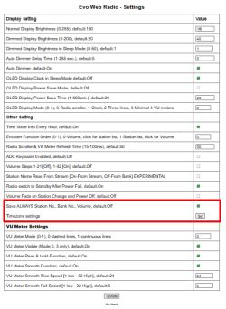 Evo Web Radio settings page with highlighted save station and volume option
