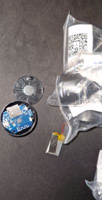 Disassembled electronic device with PCB board and small lithium-polymer battery.