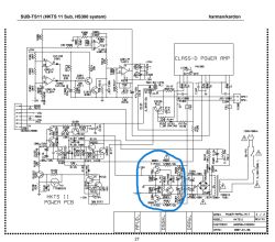 Fragment schematu subwoofera Harman Kardon HKTS 11 z zaznaczonym obszarem tranzystorów TIP31C i TIP32C.