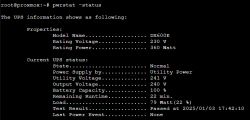 Zrzut ekranu z terminala pokazujący status UPS Cyber Power DX 600E.