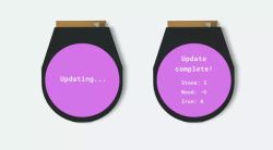 Dwa ekrany okrągłego wyświetlacza Arduino MKR IoT Carrier z komunikatami aktualizacji stanu zapasów.