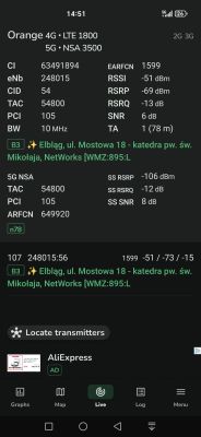 Zrzut ekranu z aplikacji sygnału sieci komórkowej Orange z danymi LTE i 5G