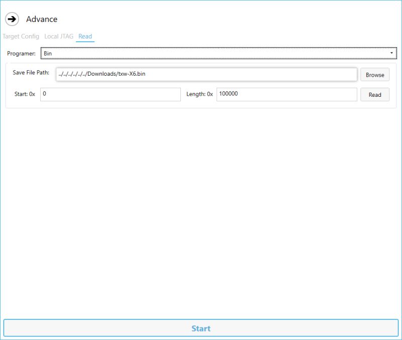 Program Window for Reading Binary File via JTAG Screenshot of a program window for reading a binary file via JTAG interface.