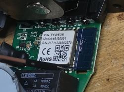 TYWE3S WiFi Module on Circuit Board Close-up of the TYWE3S WiFi module on a circuit board with model and serial number markings.