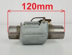 Grzałka do zmywarki o długości 120 mm z metalowymi rurami po bokach na białym tle.