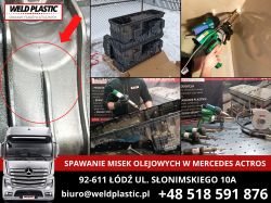 Spawanie misek olejowych Mercedes Actros przez firmę Weld Plastic, pokazujące zbliżenie na spaw oraz sprzęt do spawania.