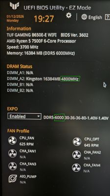 Ustawienia BIOS z pamięcią RAM DDR5 pokazującą 6000 MHz, ale DRAM Status 4800 MHz