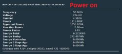 Screen displaying electrical energy measurement data with a red Power on message.