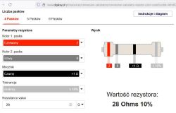 Kalkulator kodu kolorów rezystora ustawiony na 4 paski z wynikiem 28 omów ±10%