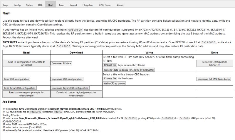 Screenshot of the “Flash” tab with buttons to read, download, and write RF/CFG data and configs.