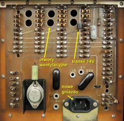 Interior of Rochar A.1335 voltmeter showing power board with labeled modifications
