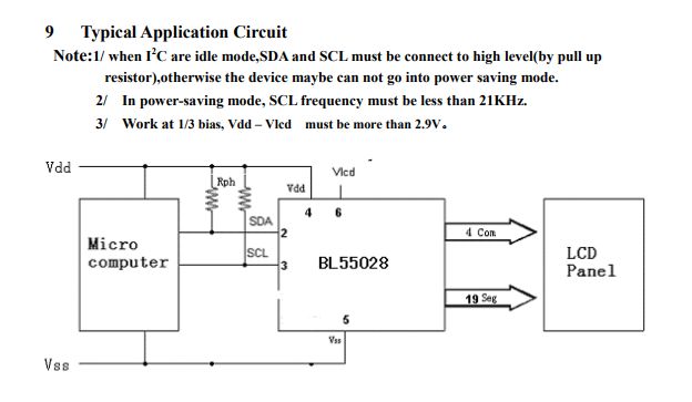 Typical application circuit with a microcomputer, BL55028 chip, and LCD panel connected together.