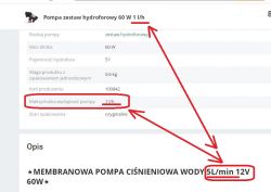 Zrzut ekranu z opisu pompy z niezgodnością w wydajności.