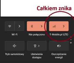 Zrzut ekranu z menu Windows pokazuje utratę połączenia LTE z siecią T-Mobile.pl