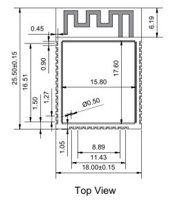 Diagram of an ESP32-WROOM-32D module with dimensions.