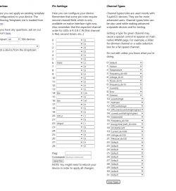 Device settings interface with pin configuration and channel types.