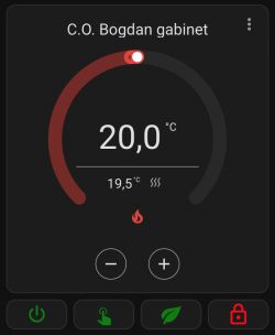 Thermostat Screen in Home Assistant Screen of a thermostat with the temperature set to 20°C.