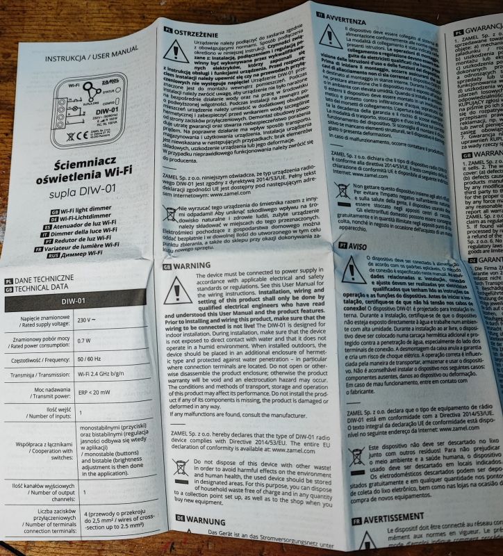 Wi-Fi Dimmer DIW-01 Manual User manual for Wi-Fi dimmer DIW-01 in multiple languages.