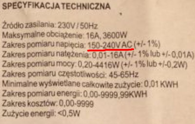 Specyfikacja techniczna urządzenia z zakresem pomiaru napięcia 150-240V AC.
