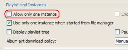 Wyłączona opcja „Allow only one instance” w ustawieniach VLC Zrzut ekranu z ustawień VLC z opcją „Allow only one instance” odznaczoną w sekcji Playlist and Instances.