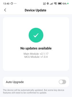 A screenshot from an IoT device management app showing no firmware updates available for the main and MCU modules.