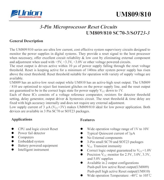 Page of a Union Semiconductor document describing the UM809/810 microprocessor reset circuits.