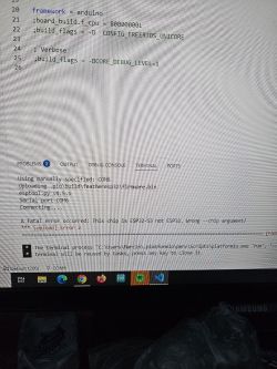 Screenshot showing Arduino project compilation in Visual Studio Code; a fatal error indicates the wrong chip selected for ESP32-S3.