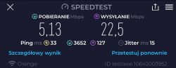 Zrzut ekranu z aplikacji Speedtest pokazujący prędkości pobierania i wysyłania dla pasma 2600 MHz.