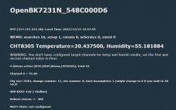 Screenshot of the OpenBK7231N interface displaying CHT8305 data and a channel configuration warning.