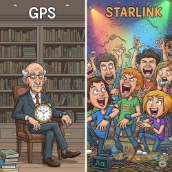 Porównanie GPS i Starlink przez satyryczne ilustracje zegarowe i scenerie