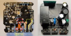 View of two circuit boards with marked current paths; one path marked in red, the other in yellow.