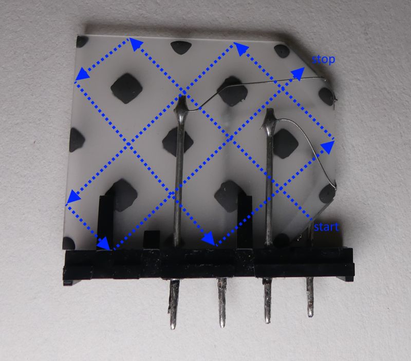 Interior of an analog delay line with signal path marked