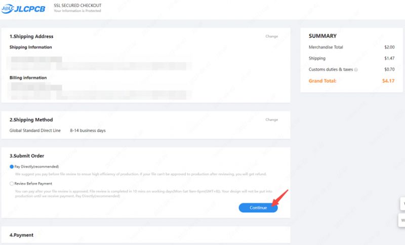 Screenshot of JLCPCB order summary with payment option.