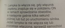 Tekst instrukcji obsługi dotyczący lampki kontrolnej immobilizera.