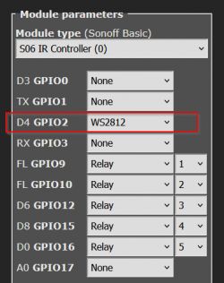 Screenshot of Sonoff Basic module parameters with WS2812 selected for D4 GPIO2.