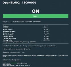 Screenshot of the OpenBL602 interface displaying ON and detailed energy data.