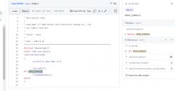 Screenshot of program code in the main.c file of the OpenW800 project with a symbol search option.