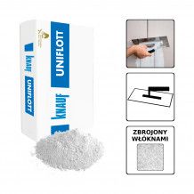 Opakowanie gipsu szpachlowego Knauf Uniflott z rozsypanym proszkiem oraz ilustracjami sposobu użycia i strukturą wzmocnioną włóknami.