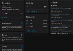 Screenshot of a home automation system interface showing device information, controls, logs, and diagnostics.