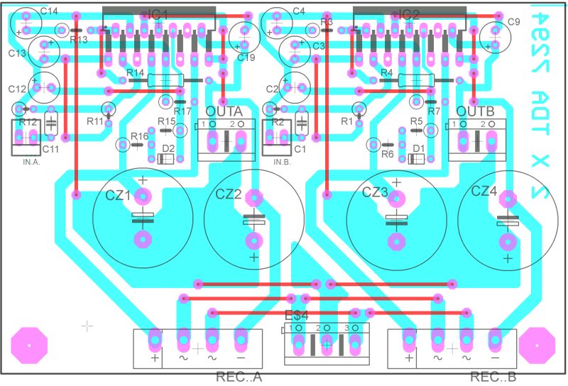 Projekt dwustronnej płytki drukowanej (PCB) wzmacniacza audio z oznaczeniami elementów elektronicznych i ścieżkami sygnałowymi.