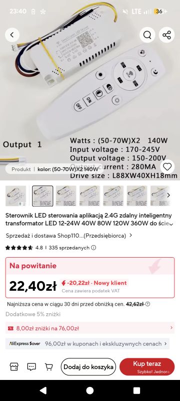 Sterownik LED 140W z pilotem i obsługą przez aplikację, widok z góry
