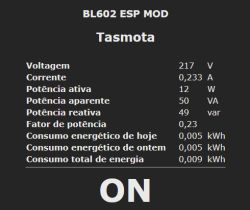 Tasmota interface screen showing energy usage data and device status ON