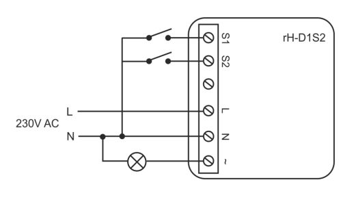 Wiring diagram of rH-D1S2 module with 230V AC, light bulb, and two switches.