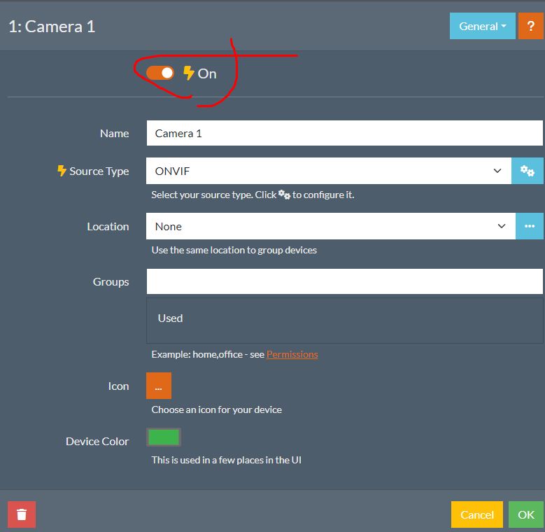 Interfejs konfiguracji kamery IP w programie z włączoną opcją zasilania