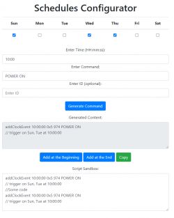 Schedule Configurator interface with day selection and command generator options.