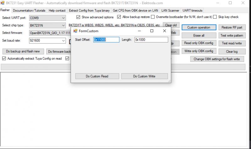 Screenshot of the BK7231 Easy UART Flasher application with FormCustom window.