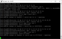 Screenshot of a PuTTY session displaying TuyaMCU log data.